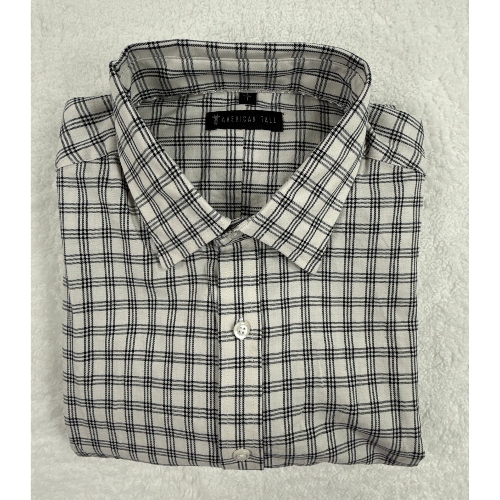 American Tall Mens LT White Black Plaid Long Sleeve Plaid Button Down Shirt